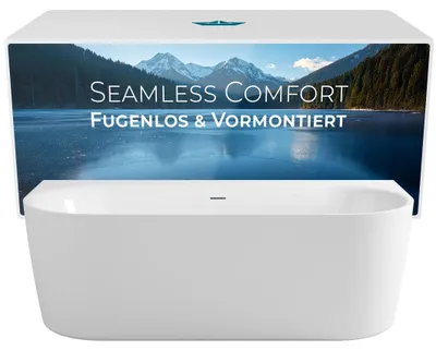 Produktbild von Calmwaters Vorwand-Badewanne 180x80 cm Komplettset Seamless Comfort, fugenloses Design, vormontiert mit Schürze & Ablaufgarnitur, EU, Acryl, 02SL6220