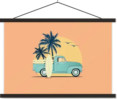 Produktbild von MuchoWow® Textilposter Bus - Vogel - Palme - Surfbrett 120x80 cm mit schwarzem Rahmen - Wanddeko