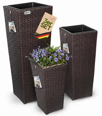 Produktbild von CASARIA® Blumentopf 3er Set Polyrattangeflecht Übertopf Wasserabfluss Rattanoptik Outdoor Pflanzkübel Blumenkasten Braun