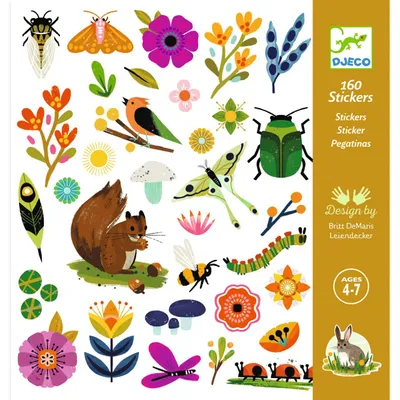 Produktbild von Djeco Garten Aufkleber mit Vögeln, Schmetterlingen & Blumen, 160 Stück, für 2 Kinder