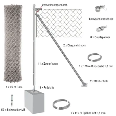 Produktbild von 25 Meter Maschendrahtzaun Komplett-Set Dingo - Farbe: verzinkt, Höhe: 100 cm, Ausführung: mit Fußplatten