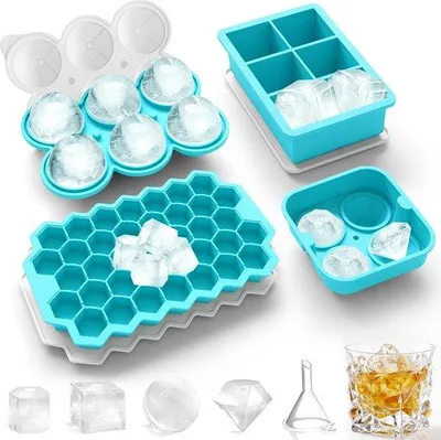 Obrázek produktu pro Silikonová forma na kostky ledu s víkem, sada 4 kusů, snadno se vyprázdňuje, na whisky koktejly, modrá