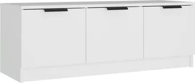 A white TV cabinet with three doors and black handles, shown from the front.