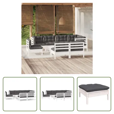 Produktbild von The Living Store 9-tlg. Garten-Lounge-Set mit Kissen Weiß Kiefer Massivholz