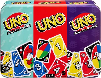Obrázok produktu pre Kartová hra Mattel Games UNO s dvoma rozširujúcimi sadami a zberateľskou kovovou krabicou pre deti, dospelých a rodinné herné večery. 2 až 10 hráčov, JCV60