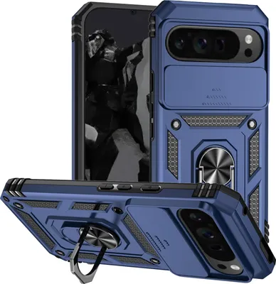 Image de Étui pour Google Pixel 10 Pro XL étui double couche avec couvercle coulissant pour appareil photo et support annulaire Bleu