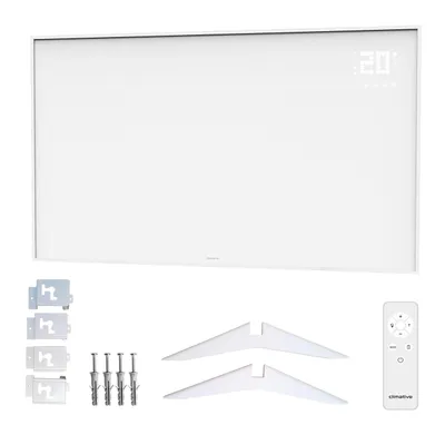 A white infrared heater with accessories laid out below it.