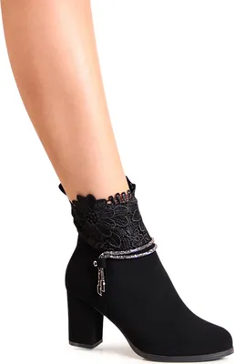 Produktbild von topschuhe24 2587 Damen Velours Stiefeletten Ankle Boots Spitzenoptik, Farbe:Schwarz, Größe:37 EU