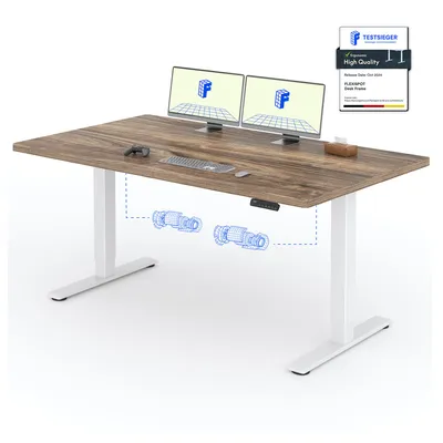A standing desk with dual monitors, keyboard, and mouse.