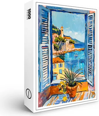 Produktbild von raxxa Premium-Puzzle „Blick auf mediterrane Dorfhäuser über einer ruhigen Küstenlandschaft“, 1000 Teile