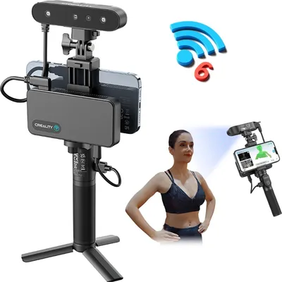 A 3D scanner setup with a phone and a person being scanned, along with Wi-Fi 6 graphics.