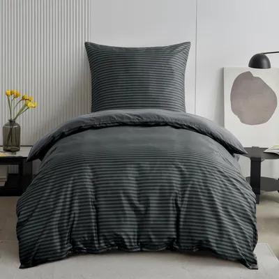 Produktbild von Bettwäsche-Set 155x220 cm Gestreift Anthrazit mit Kissenbezug 80x80 cm Mikrofaser Bügelfrei Reißverschluss 2-teilig