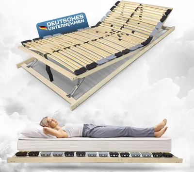 A split image showing an adjustable bed frame at the top and a person sleeping on a mattress at the bottom.