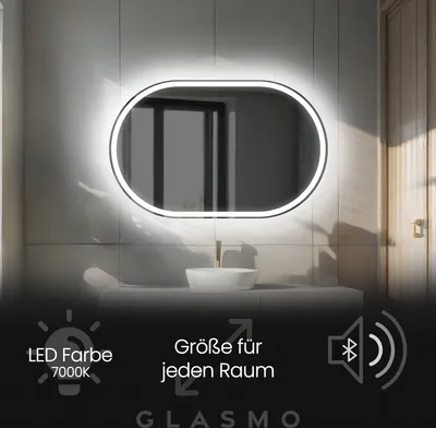 Produktbild von Spiegel mit Beleuchtung 120x80 cm Freya - Horizontal Oval Badezimmerspiegel mit LED Beleuchtung - Kaltweiß 7000K - LED Badspiegel Lichtspiegel mit Bluetooth-Lautsprecher