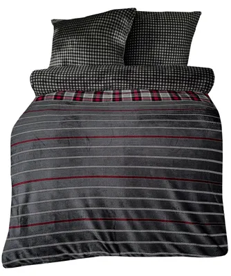 Produktbild von Teddyplüsch Bettwäscheset 220x240 cm Anthrazit Bordeaux Schwarz Streifen Kariert mit Reißverschluss