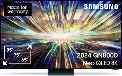 A Samsung Neo QLED 8K TV displaying a colorful abstract image, with size indicators and product information overlaid.