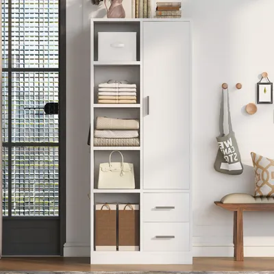 Produktbild von okwish Kleiderschrank mit Schubladen und zwei Separaten Kleiderstangen,Eingangsschrank mit mehreren Ablagefächern,Viel Stauraum,Weiß