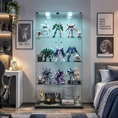 Image de Vitrine en verre INONEFT avec lampe tactile, design moderne, double porte, 4 étagères, idéale pour le salon, la chambre ou le bureau, pour exposer vos objets de valeur, dimensions : 163 x 80,6 x 35 cm, couleur noire