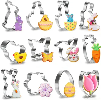 Produktbild von Ausstechformen Set 12 Stück Edelstahl, Oster Keksausstecher Hase Ei Karotte, für Plätzchen & Backen, rostfrei, ideal für Ostern & DIY