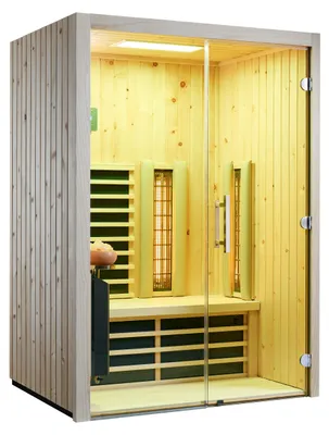 Produktbild von Infraworld Infrarotkabine TrioSol Glas 145 Zirbe VG 145x112 cm mit 2 ABC-Strahler Salzverdampfer