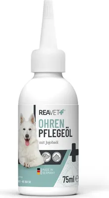 Produktbild von REAVET Ohrenpflegeöl für Hunde & Katzen, Ohrenpflege mit Jojobaöl 75ml, Pflege für Hundeohren, Ohrentropfen, Schonende Ohrpflege bei Juckreiz und Irritationen