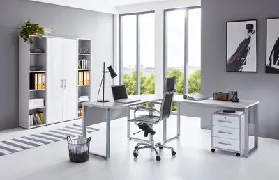 Produktbild von Büromöbel-Set TABOR PRO 3 in lichtgrau / weiß Hochglanz, Arbeitszimmer Komplett-Set