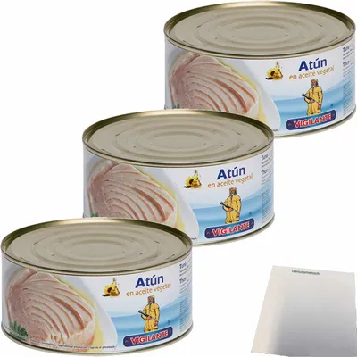 Produktbild von Vigilante Weißer Thunfisch in Pflanzenöl, Atún en aceite vegetal 3er Pack (3x650g Dose ATG) + usy Block