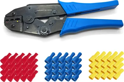 Produktbild von ARLI Crimpzange 0,5 - 6 mm² + 40 x rot + 50 x blau + 10 x gelb Flachsteckhülsen 6,3 x 0,8 mm