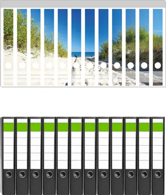 Produktbild von Wallario 12 Stück schmale Ordner inkl. Klebeetiketten mit Motive Auf dem Sandweg zum Strand - Blauer Himmel über dem Meer -  Set mit Rückenschildern / Ordnerrücken Stickern