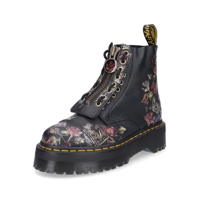 A single black boot with a floral pattern on a white background.
