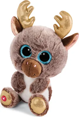 A plush toy reindeer sitting on a white background.