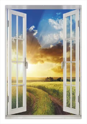 Produktbild von Wallario Wandbild mit Fenster-Illusion: Feldweg in den Sonnenuntergang, Größe: 61 x 91,5 cm, Poster mit rahmenlosen Bildhalter