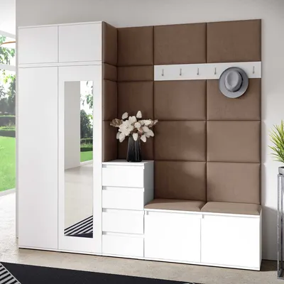 Produktbild von Garderoben-Set BERLIN – Kleiderschrank mit Polsterplatten, Schuhschrank und Schrankaufsatz 90 cm, für Flur und Eingangsbereich (Weiß, Trinity 07)