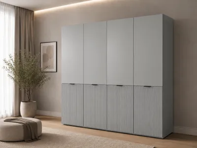 Produktbild von Drehtürenschrank, Falttürenschrank 4-türig Schrank mit Einlegeböden und Kleiderstange, Schlafzimmer - Schrank Minewra 200 - Nova + Grau