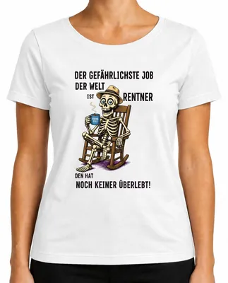 Imagen del producto de Camiseta para mujer, blanca, talla XL. Diseño: "El trabajo más peligroso del mundo", con una imagen de un esqueleto de anciano. Estilo: sarcástico