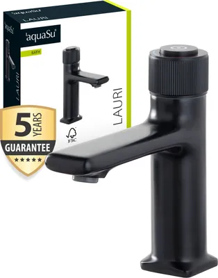 Produktbild von 'aquaSu® Schwarze Waschtischarmatur Lauri, mit Drehgriff, Pop-Up-Ventil, Keramikkartusche, werkzeuglose Schaft-Befestigung, Messingkern, 799140