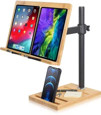Produktbild von Ibenzoa® Höhenverstellbarer Bücherständer mit Tablethalter – Holz & Metall, stabile Basis, verstellbare Winkel, Seitenklammern für Zuhause & Büro