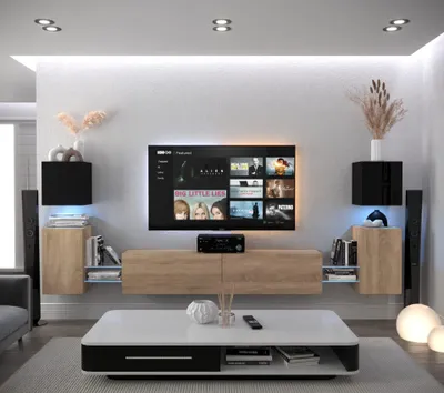 Produktbild von Furnitech Wohnwand Wohnzimmer - Wohnzimmer Möbel mit LED Weiß - Hängend Wohnwand Modern - Regale und TV Schrank (AN105-21BS-HGM8 1C)