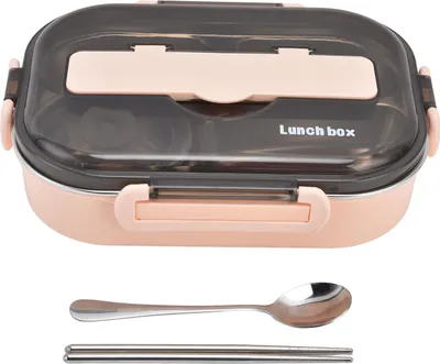 Image de Boîte à lunch portable pour enfants en acier inoxydable 304 1.3L Boîte à bento à quatre compartiments avec bol à soupe, baguettes et cuillère Rose