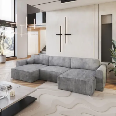 Produktbild von Masseno Ecksofa FENTO P mit Schlaffunktion U-Form, Sofa mit Bettkasten, Wohnzimmersofa, Couch, Soffa, Bettsofa, Couchgarnitur- Hellgrau, POSO 55