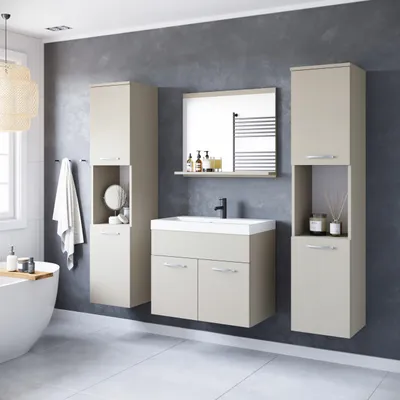 Image de Ensemble de meubles de salle de bain, 4 pièces, comprenant un lavabo et un miroir, en cachemire beige