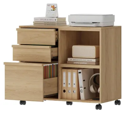 Immagine prodotto di Armadio per documenti da ufficio - Carrello mobile con 3 cassetti - Scaffali aperti - Archivio laterale per formati A4/Letter - Supporto mobile per stampante su ruote - Aspetto legno naturale