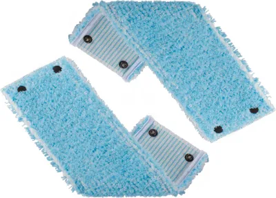 Two blue mop heads with white trim and snap fasteners are arranged diagonally on a white background.