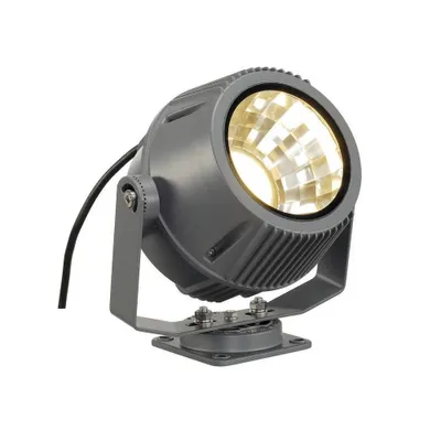 A close-up studio shot of a gray LED spotlight with a yellow light.
