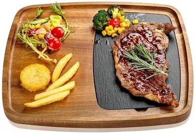 Image de Assiette de service Benzoa® en bois d'acacia avec insert en ardoise amovible, dimensions 33 x 28 x 2 cm, couleur marron – idéale pour les steaks, les sushis, les desserts et les entrées
