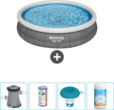 Produktbild von Bestway runder aufblasbarer Fast-Set-Pool – Rattan-Druck – 366 x 76 cm – inklusive Pumpe Filter - Chlorschwimmer - Chlor