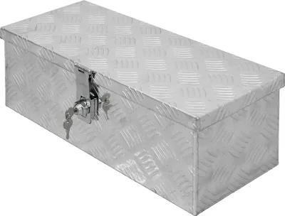 A silver aluminum toolbox with two locks and keys is shown from a slightly elevated side angle on a white background.