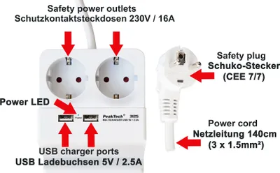 Obrázok produktu pre 2-násobná zásuvka Schuko ~ 16A ~ s dvojitým nabíjacím portom USB do 2,5 A