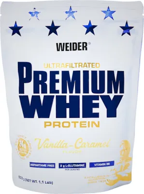 Produktbild von Weider Premium Whey, Pulver, Molkenproteinkonzentrat, Molkenprotein isoliert, Karamell, Vanille, L-Glutamin, 397 kcal, 1681 kJ