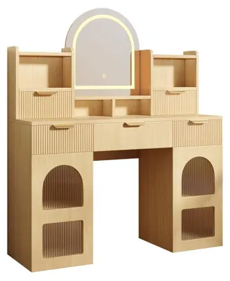 Imagen del producto de Tocador con iluminación LED y espejo - 120 x 40 x 139,5 cm - 3 cajones - 2 vitrinas - Estantes - Colores naturales